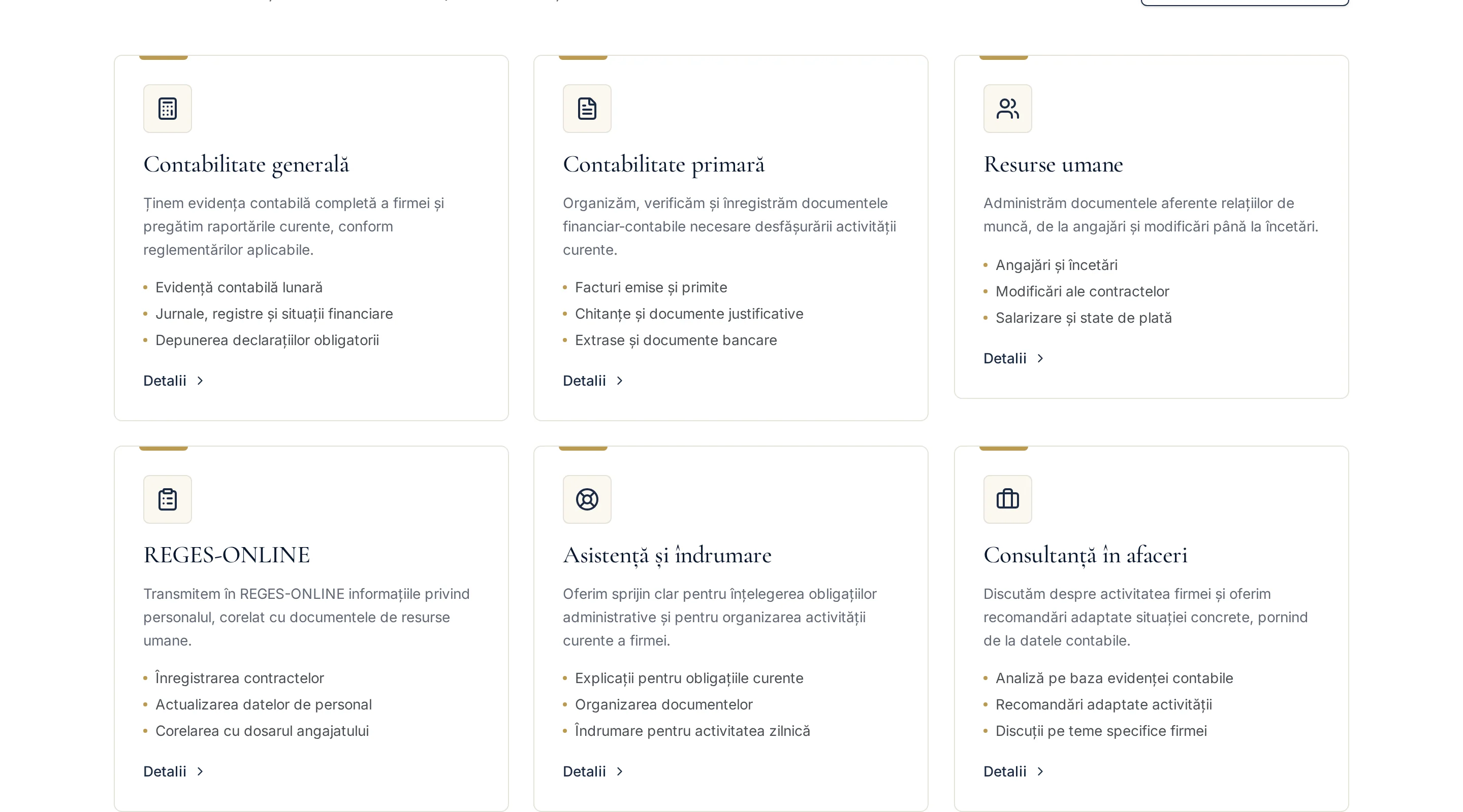 Secțiunea de servicii DACONTAB, cu șase categorii de contabilitate prezentate în carduri.