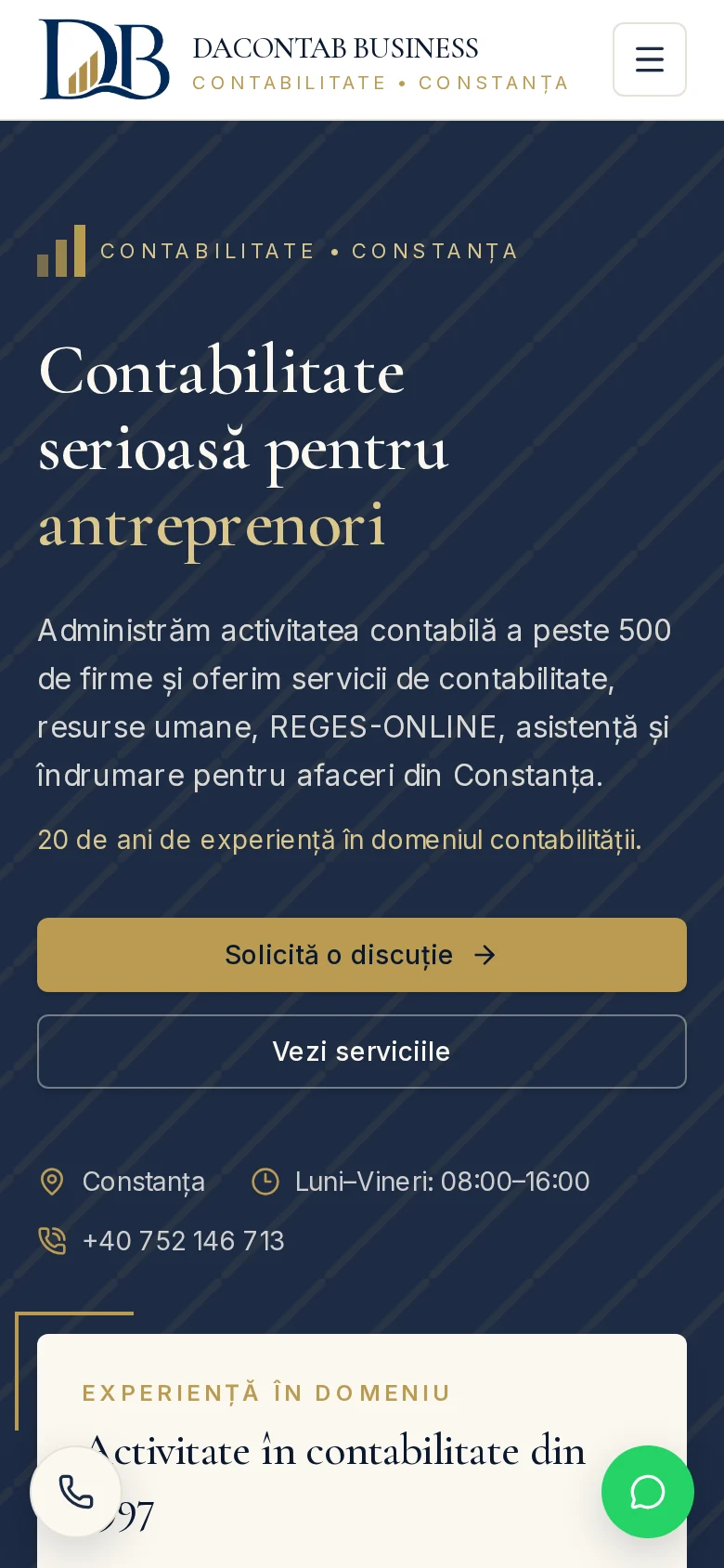 Pagina principală a site-ului DACONTAB afișată pe ecran de telefon.