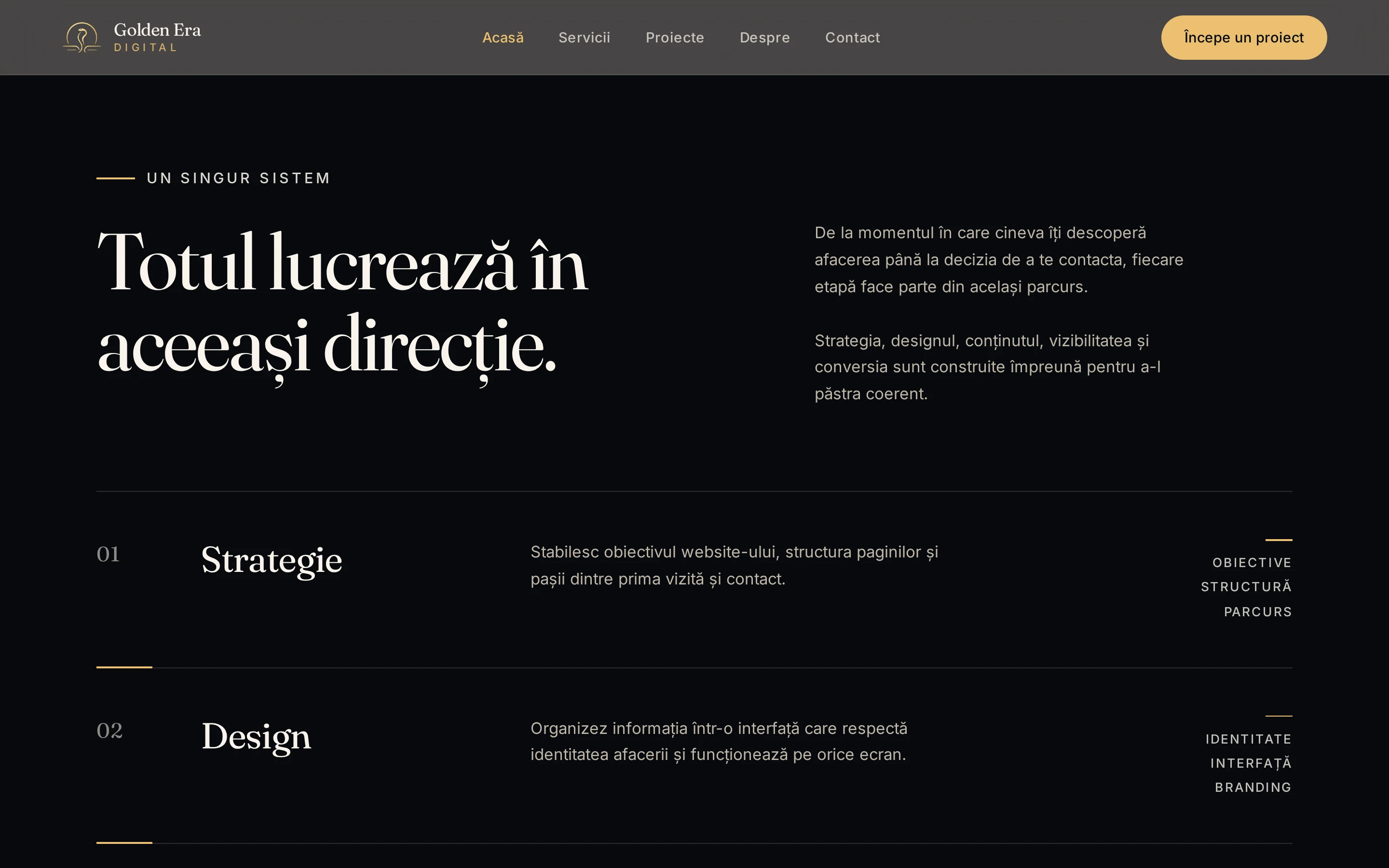 Capitolul editorial Golden Era Digital, cu titlul „Totul lucrează în aceeași direcție” și etapele Strategie și Design.