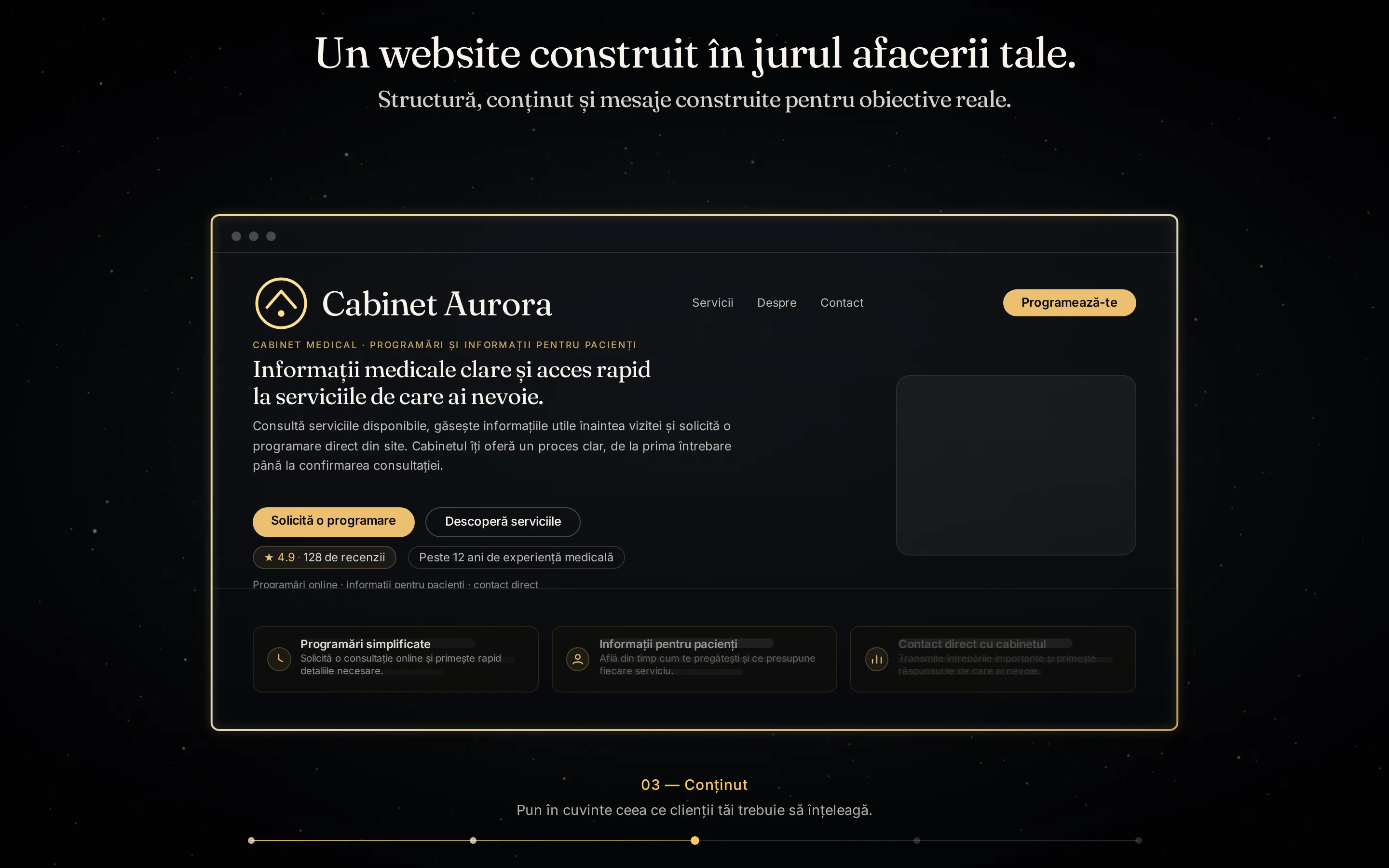 Secvența de deschidere Golden Era Digital: interfața completă, sub mesajul „Un website construit în jurul afacerii tale”.
