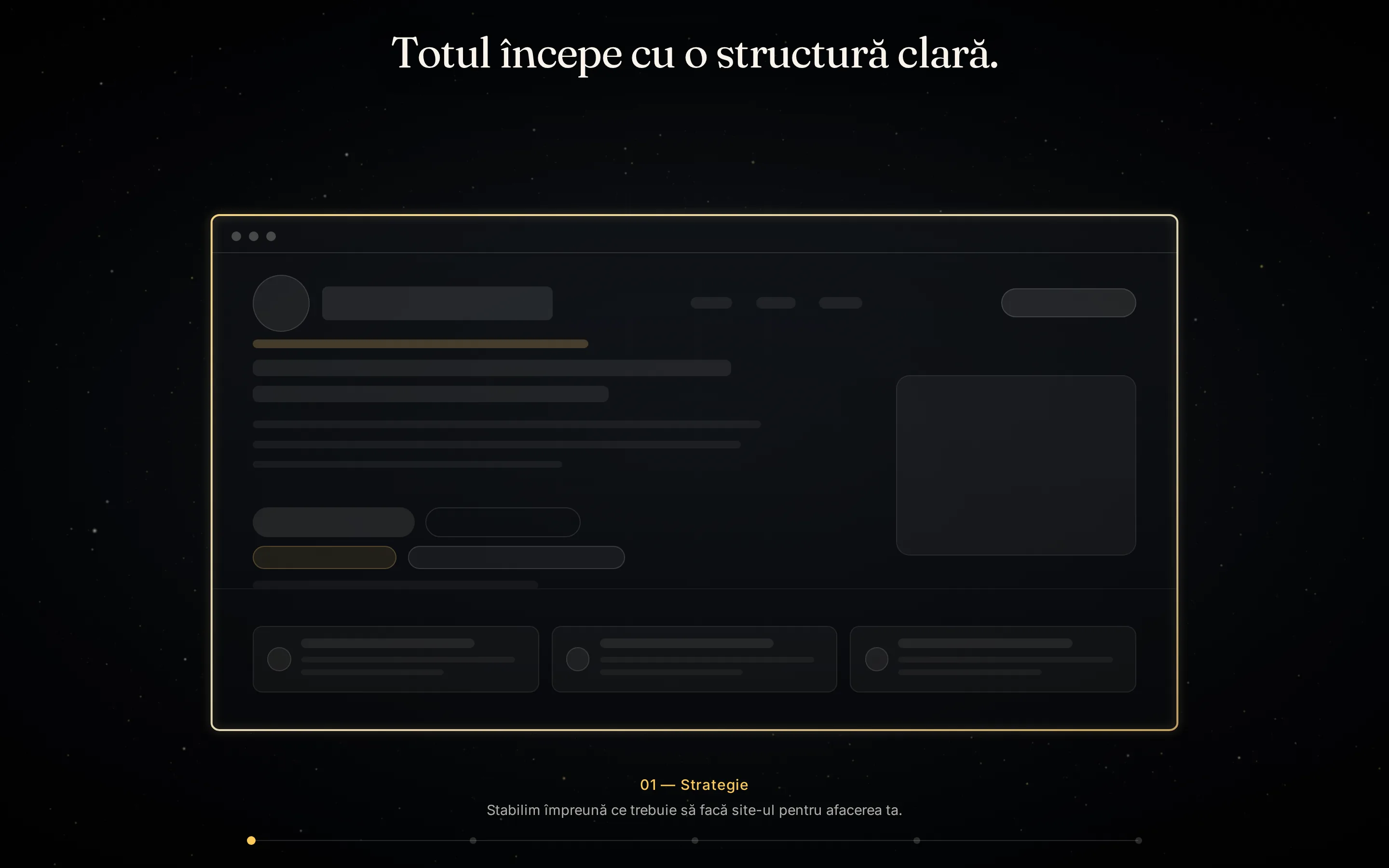Secvența de deschidere Golden Era Digital: interfața în construcție, sub mesajul „Totul începe cu o structură clară”.