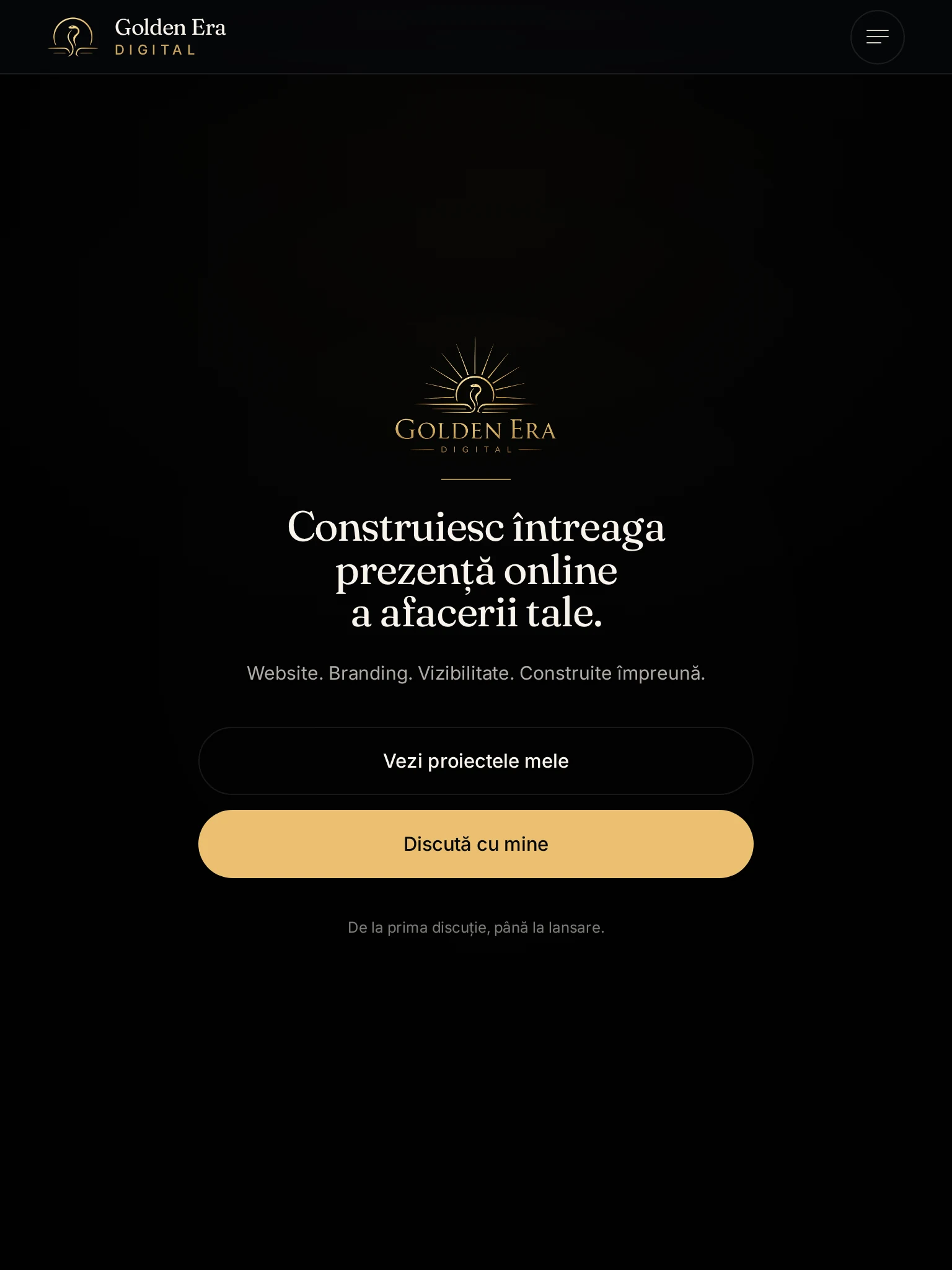 Pagina principală Golden Era Digital afișată pe tabletă, cu logo, titlu și acțiunile principale.